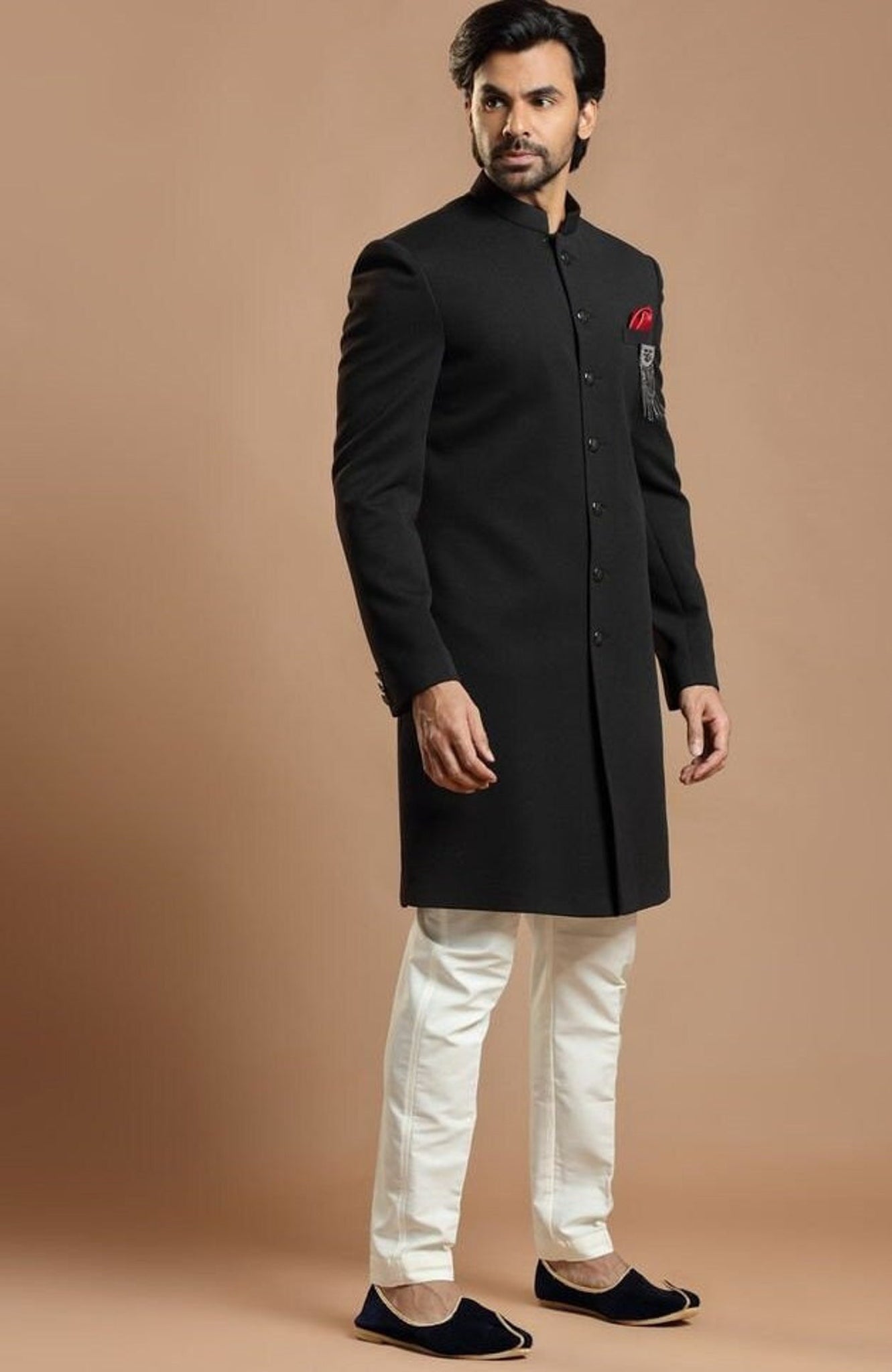 Madhu Couture Black Indo Indian Stylish Ethnic Traditional Partywear Marriage Wedding Sherwani Groom Outfit For Men.
