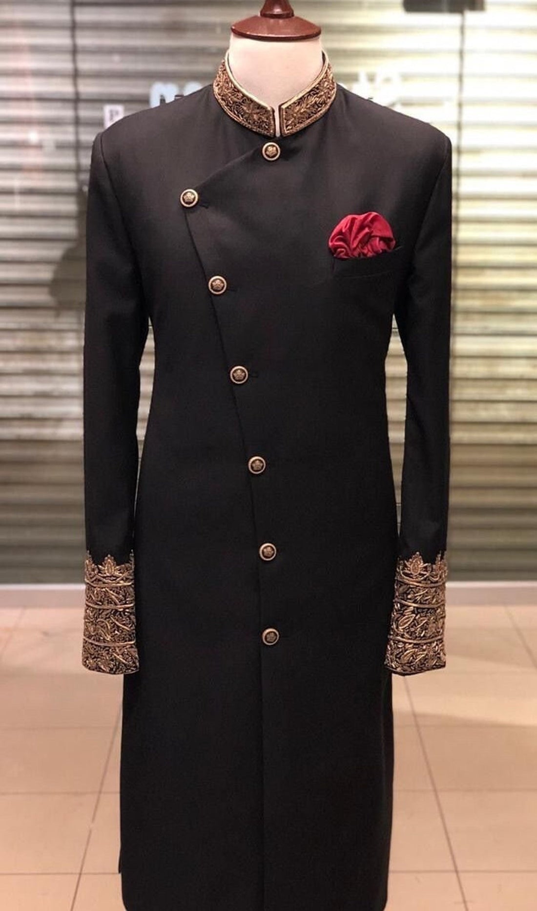 Sherewaniformen Indian solid Designer Peach Color Banarasi Partywear Traditional Sherwani Outfit For Groom.