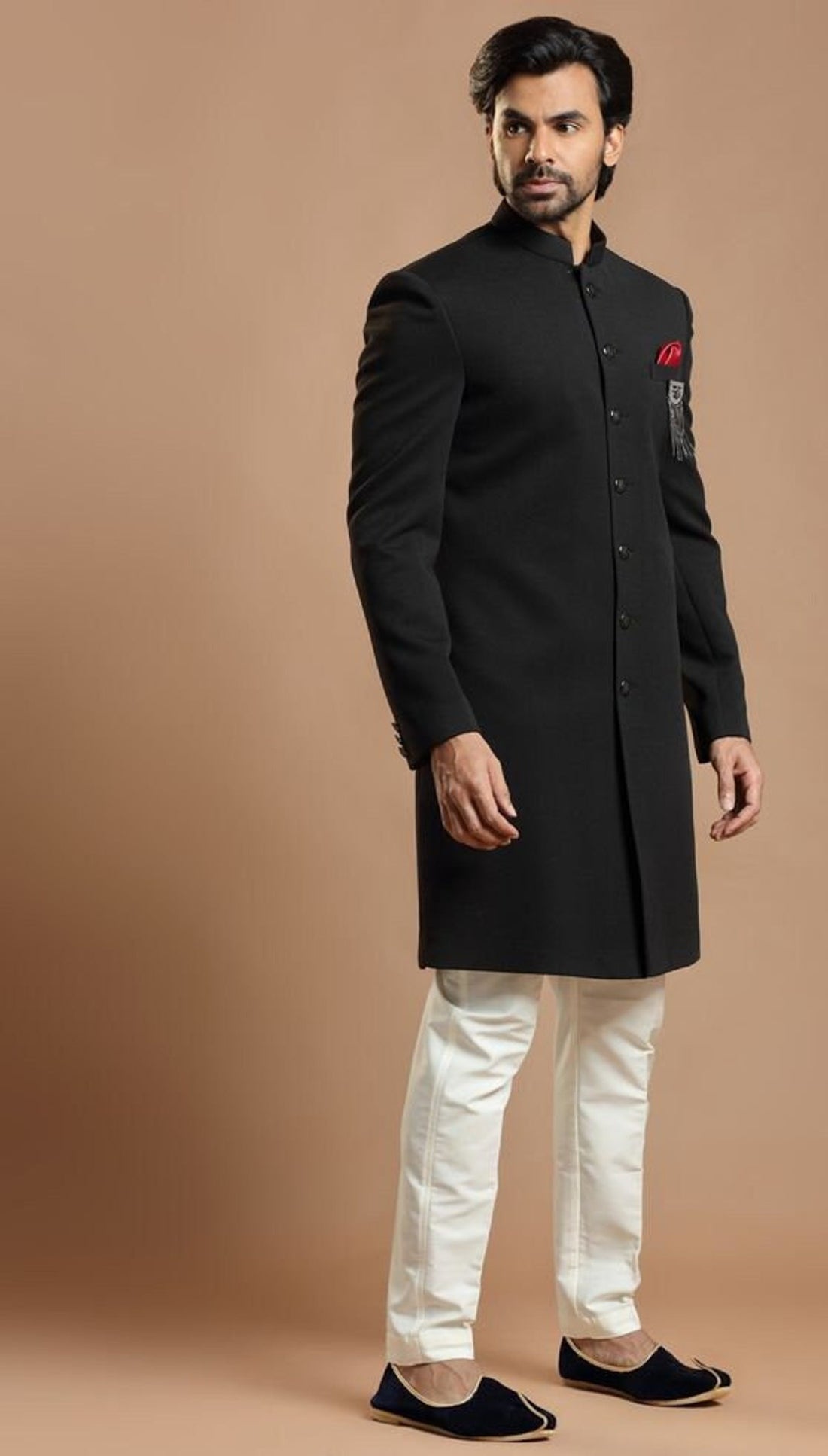 Madhu Couture Black Indo Indian Stylish Ethnic Traditional Partywear Marriage Wedding Sherwani Groom Outfit For Men.
