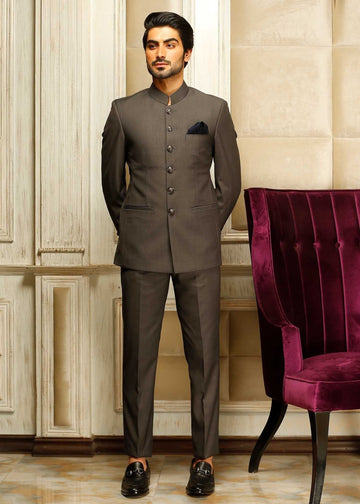 Madhu Couture Designer Dark Grey Coat Bandhgala Jodhpuri Self Design Work Party Wear Wedding Suit for Men.