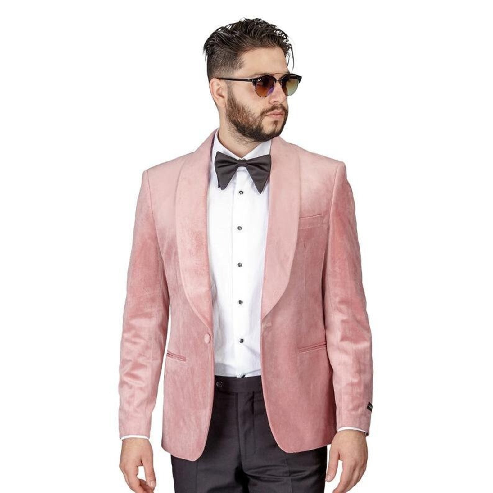 Madhu Couture Designer Party Wear Wedding Groom Wear Pink Velvet Jacket Coat With Black Pant For Men.