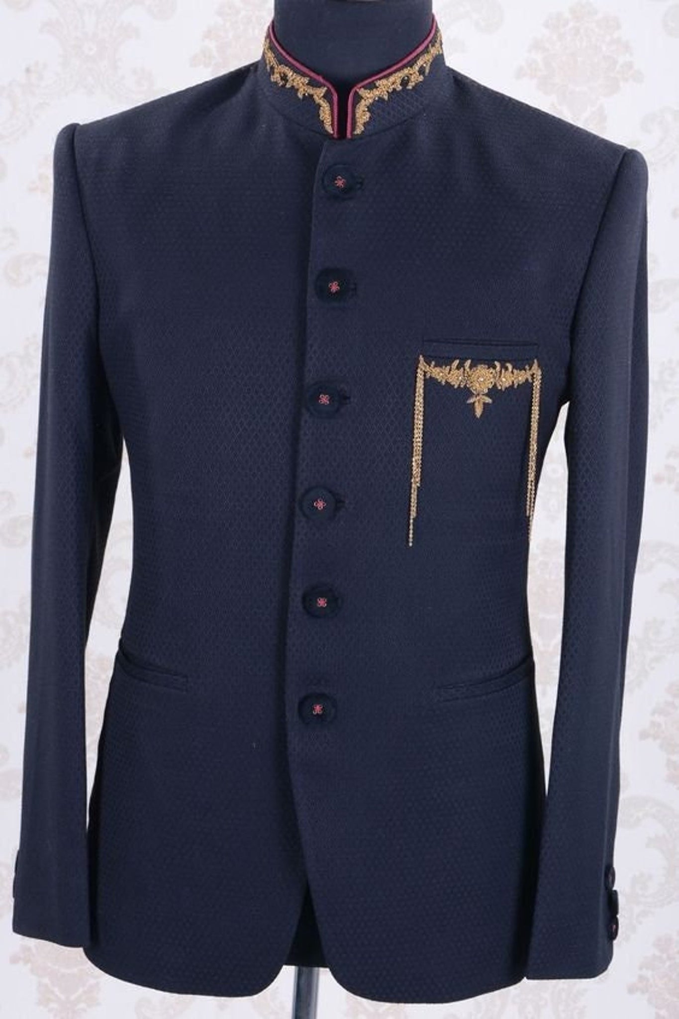 Madhu Couture Indian Zari Embroidered Jodhpuri Bandhgala Navy Blue Designer Wedding For Men.