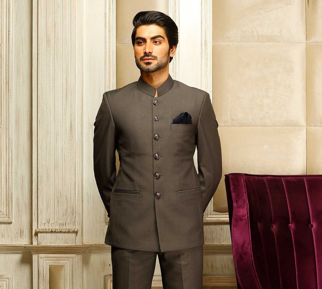 Madhu Couture Designer Dark Grey Coat Bandhgala Jodhpuri Self Design Work Party Wear Wedding Suit for Men.