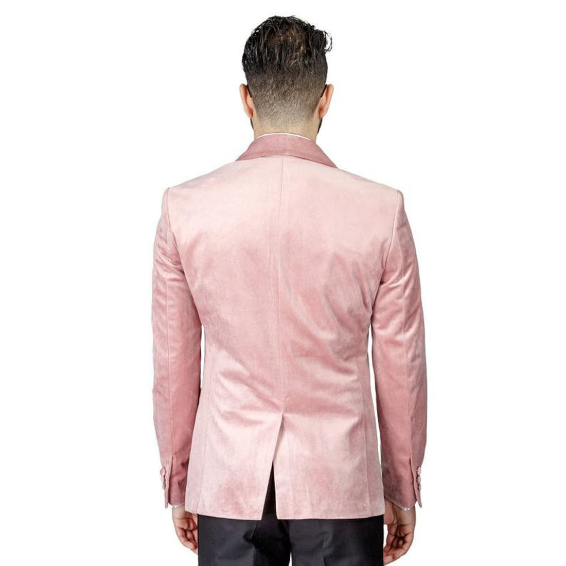 Madhu Couture Designer Party Wear Wedding Groom Wear Pink Velvet Jacket Coat With Black Pant For Men.