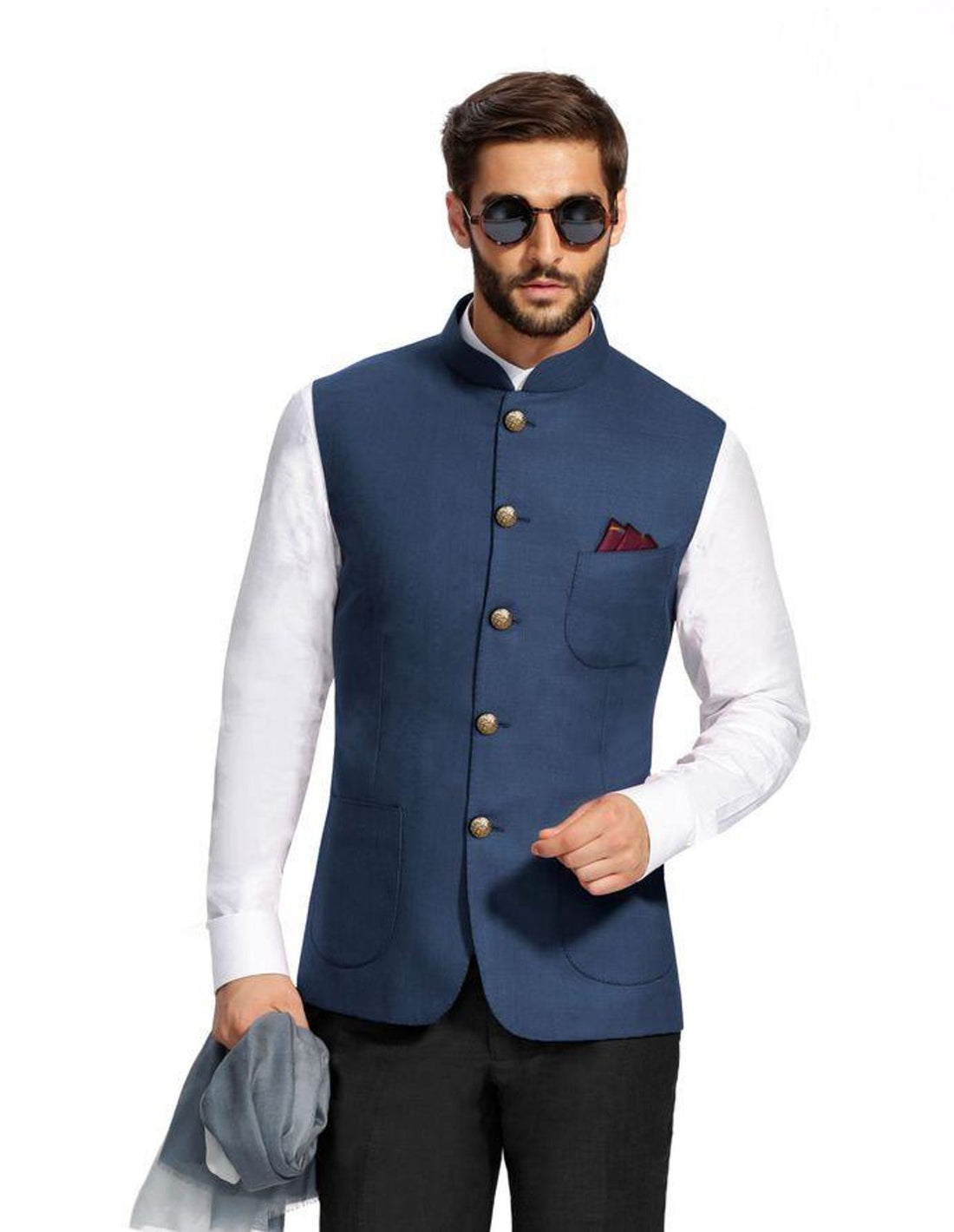 Madhu Couture Blue Nehru Jecket Indian Designer Partywear Stylish new Collection of Formal Waistcoat For Men.