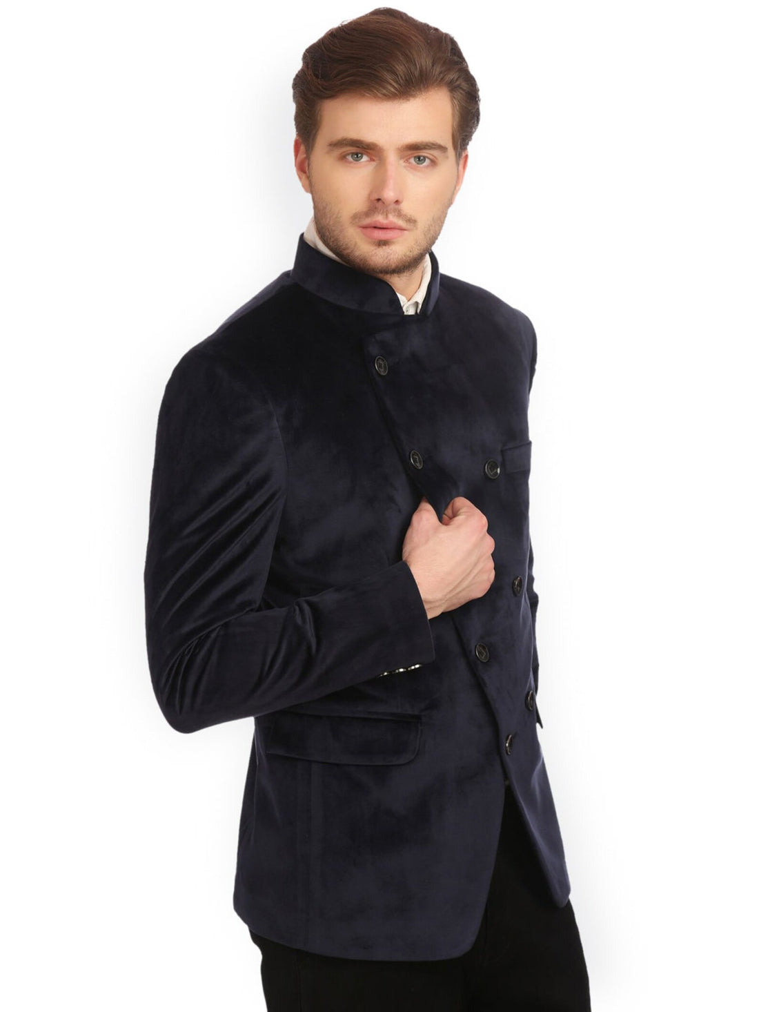 Madhu Couture Indian Designer Partywear Ethnic Black Valvet Bandhgala Jodhpuri Suit With Black Pant For Men.