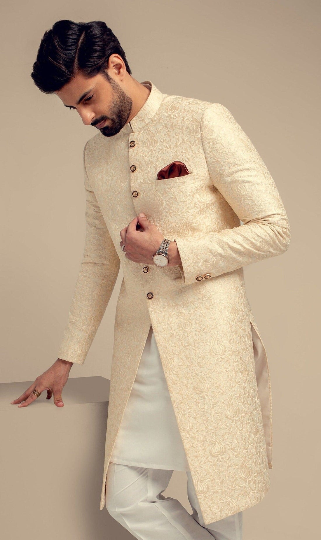 Madhu Couture New Off White Sherwani Stylish Ethnic Indo Western With Kurta and Pajama for Groom Perfect for Wedding and Reception For Men.