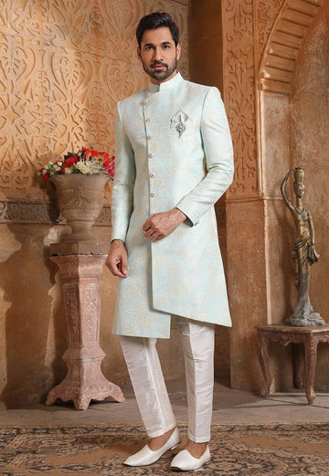 Madhu Couture Light Blue Indian Stylish Ethnic Traditional Partywear Marriage Wedding Sherwani Groom Outfit For Men.