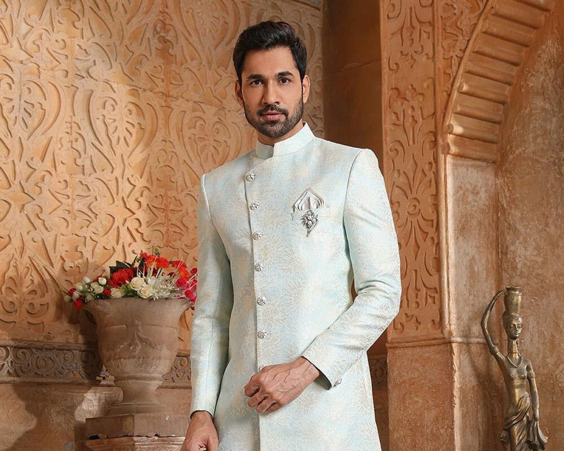 Madhu Couture Light Blue Indian Stylish Ethnic Traditional Partywear Marriage Wedding Sherwani Groom Outfit For Men.