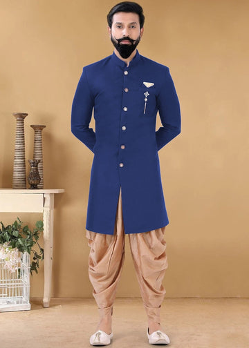 Madhu Couture Indian Stylish Ethnic Designer Partywear Traditional Suiting Fabric Indo Western WIth Goldern Harem For Men.