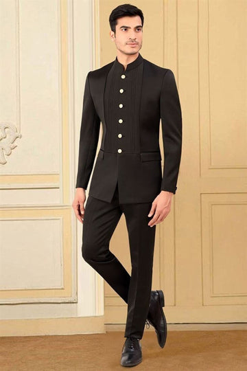 Madhu Couture Indian Stylish Black Ethnic Designer Partywear Bandhgala Jodhpuri Suit For Men.