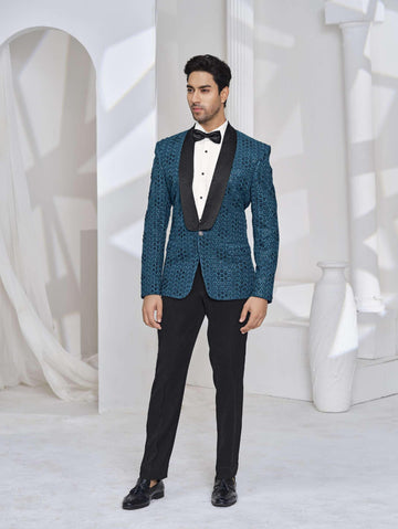 Luxurious Teal Blue Embroidered Designer Tuxedo Coat Pant, Design for Formal Events, Ideal Unique Gift, Groom Wedding Wear