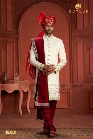 Madhu Couture Wedding Ivory Groom Indian Stylish Ethnic Designer Partywear Embroidery Indo Western Dress Sherwani For Men