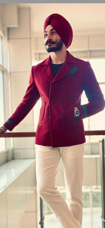 Madhu Couture Designer Maroon With Off White Tuxedo Party Wear Wedding Jacket Coat With Pant For Men.