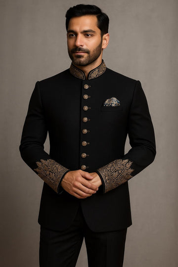 Black Embroidered Wedding Party Wear Royal Groom Jodhpuri Suit Outfits Coat Pant Suit For Men.