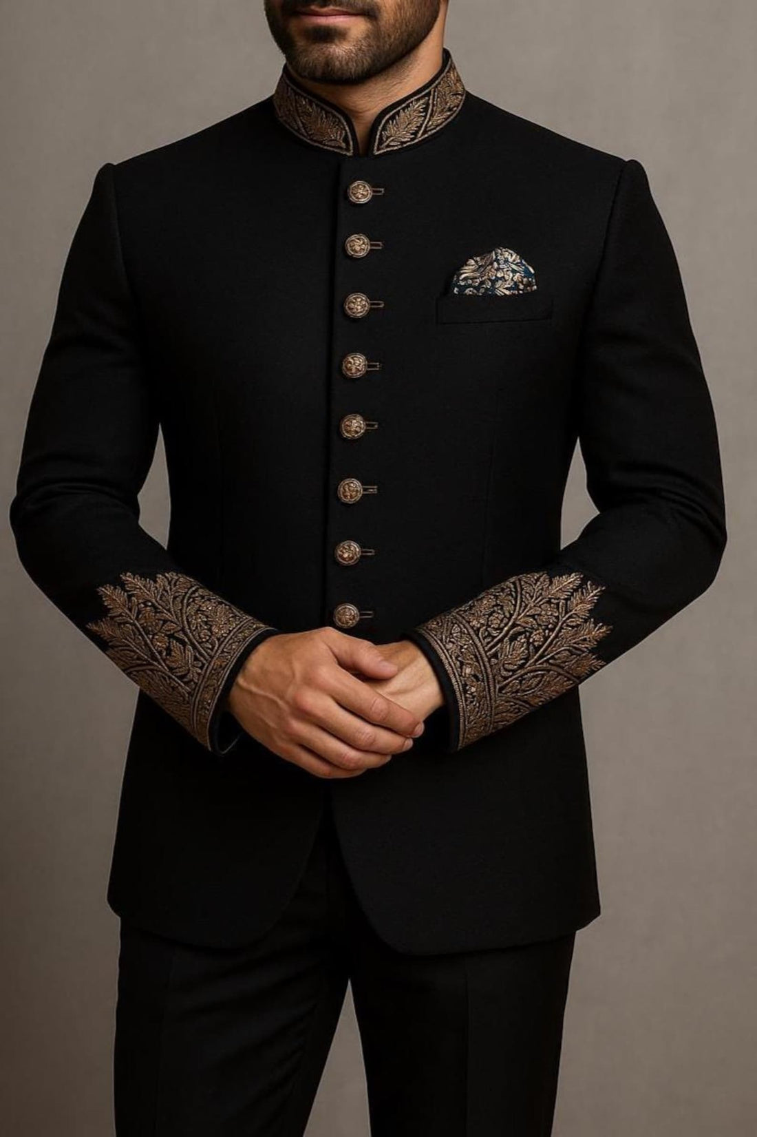 Black Embroidered Wedding Party Wear Royal Groom Jodhpuri Suit Outfits Coat Pant Suit For Men.