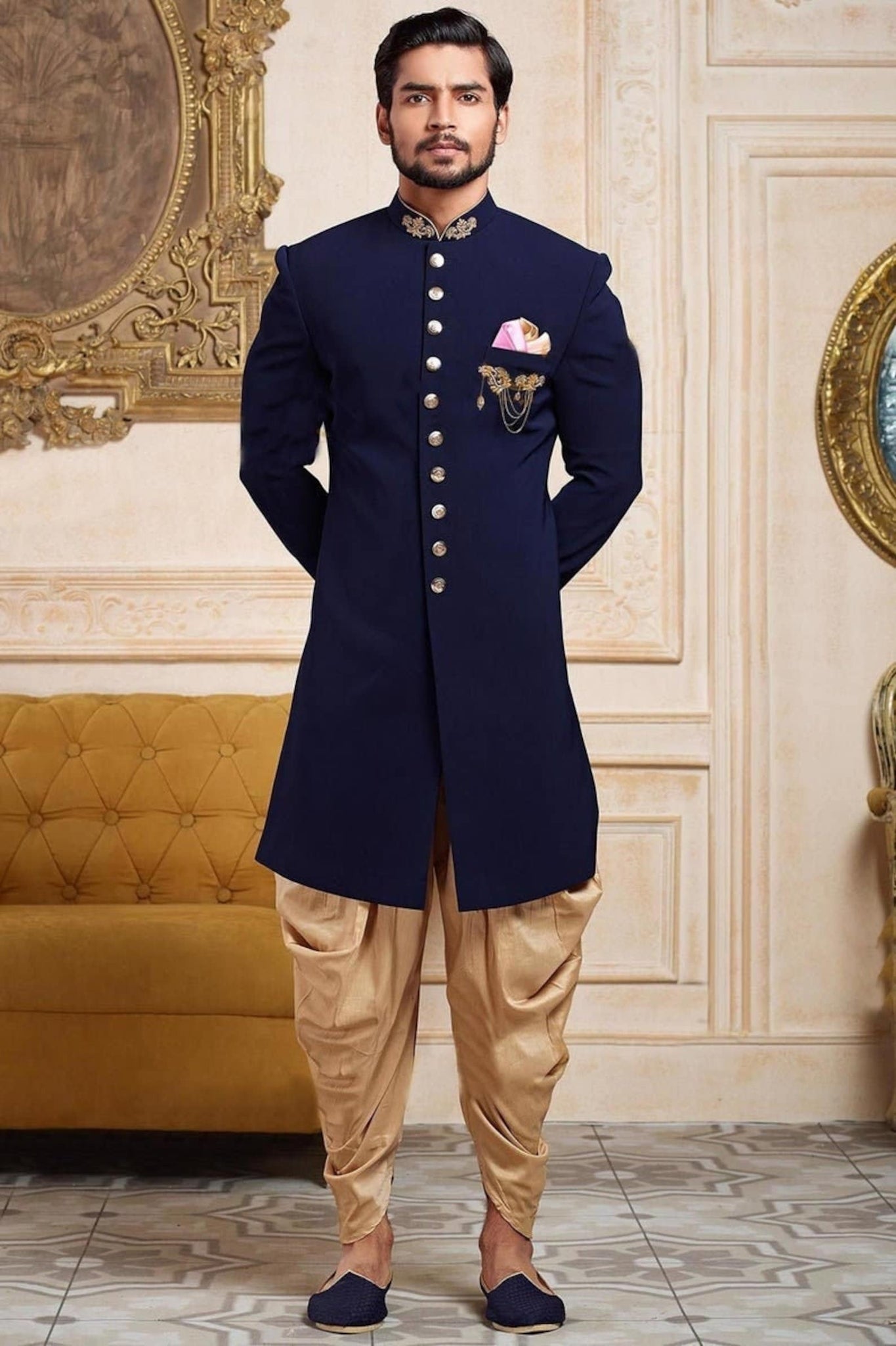 Madhu Couture Indian Stylish Ethnic Designer Patywear Embroidery Work Sherwani For Groom Wedding.