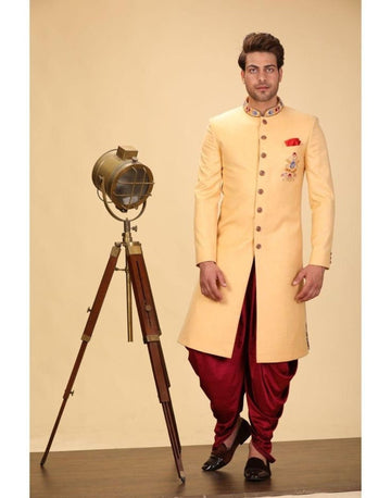 Madhu Couture Indian solid Designer Light Peach Color Partywear Traditional Sherwani Outfit For Groom.
