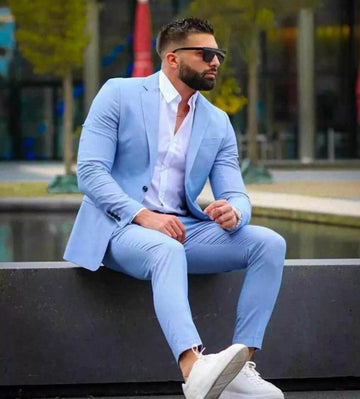Madhu Couture Light Blue Coat Pant Designer Formal Fashion Wedding 2 Piece Groom Party Wear Coat Pant Suit For Men.