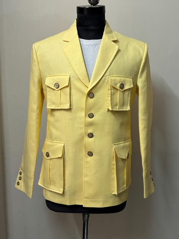 Yellow Full Sleeve Linen Safari Suit for Men