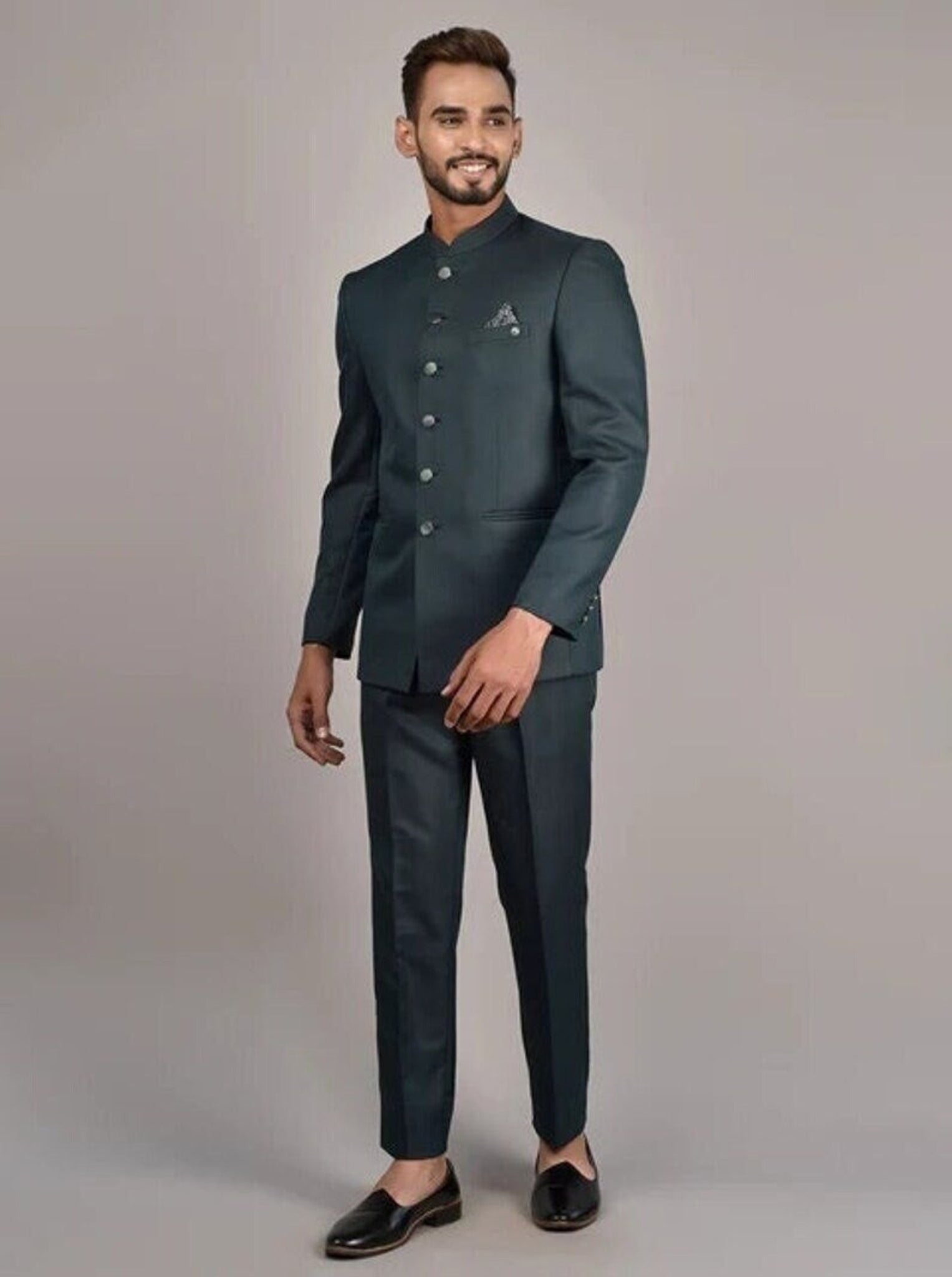 Madhu Couture Green Coat Pant Indian Designer Partywear Ethnic Black Bandhgala Jodhpuri Suit For Men.