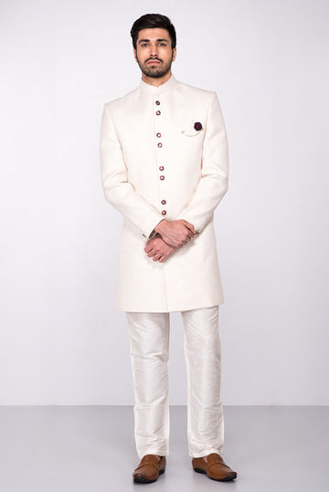 Sherwaniforme Indian Stylish Ethnic Designer Partywear Traditional White Indo Western Dress Sherwani For Men.