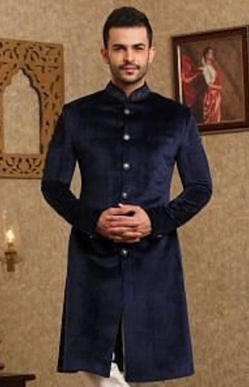 Madhu Couture Indian Ethnic Navy Blue Velvet Designer Party Wear sherwani bandhgala For Men.