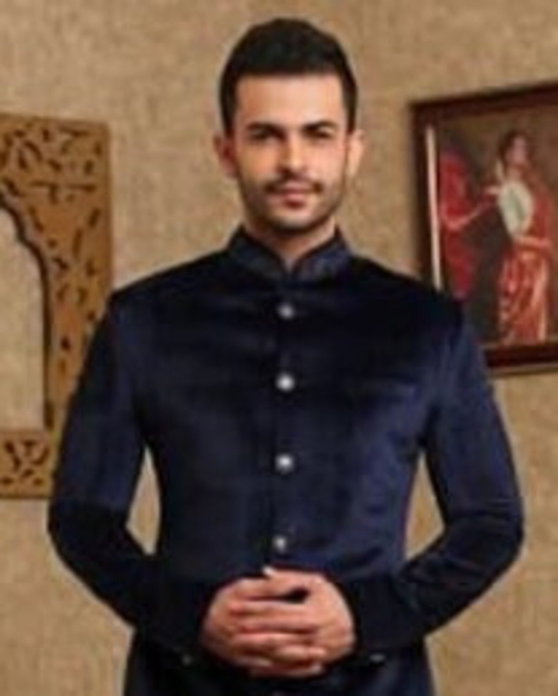 Madhu Couture Indian Ethnic Navy Blue Velvet Designer Party Wear sherwani bandhgala For Men.